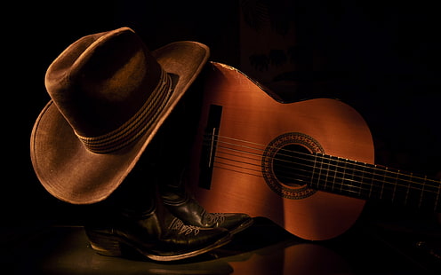 茶色のカウボーイハットと茶色のギター、背景、ギター、帽子、 HDデスクトップの壁紙 HD wallpaper