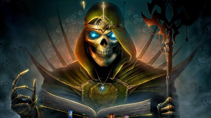 Esqueleto que sostiene el fondo de pantalla 3D del libro, Heroes of Might  and Magic, Fondo de pantalla HD | Wallpaperbetter