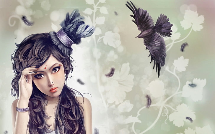 female anime character, girl, bird, pattern, feathers, piercing, tattoo, art, bracelet, hat, Raven, HD wallpaper