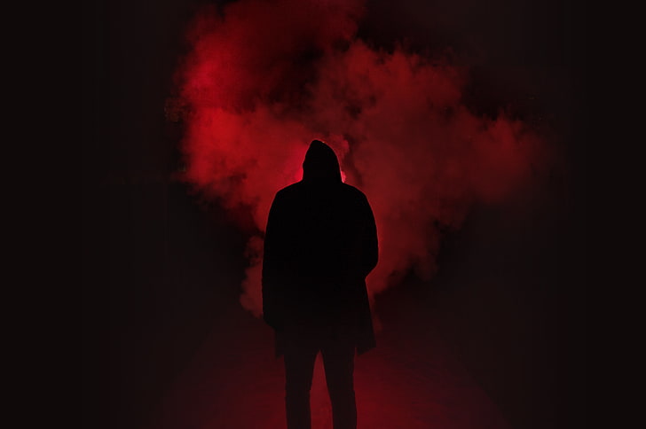 دخان أحمر ، صورة ظلية ، دخان ، رجل ، غطاء محرك السيارة، خلفية HD
