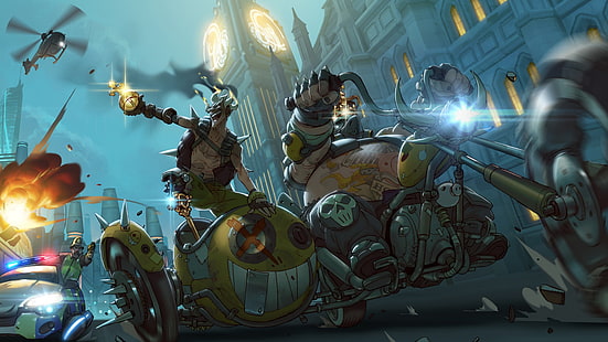 الشخصيات التي تركب دراجة نارية توضيحية ، Overwatch ، Junkrat (Overwatch) ، Roadhog (Overwatch)، خلفية HD HD wallpaper