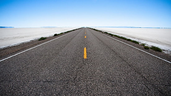 carretera, horizonte, cielo, asfalto, llanura, cielo azul, carril, viaje, línea, Fondo de pantalla HD HD wallpaper