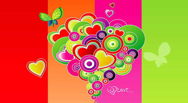 Love, multicolored heart and circles digital wallpaper, Love, Holidays/Valentine's Day, Colorful, Butterfly, love art, colorful hearts, HD wallpaper
