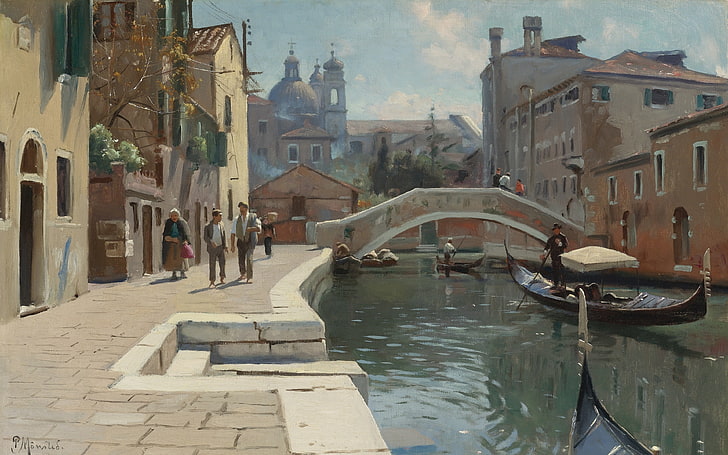 Pittore danese, 1928, Peter Merk Of Menstad, Peder Mørk Mønsted, pittore realista danese, Canal in Venice, Sfondo HD
