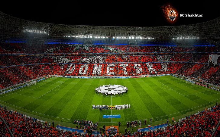 soccer stadium, Field, Orange, Ukraine, Donetsk, Miner, Stadium, Manchester United, Performance, HD wallpaper