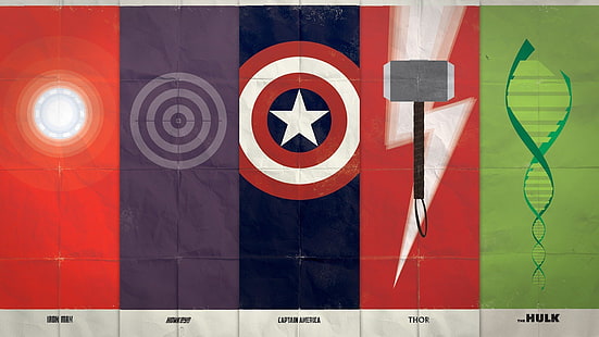Ilustrasi logo karakter Marvel, karakter, Iron Man, Captain America, Thor, Marvel Comics, The Avengers, Hawkeye, The Hulk, Wallpaper HD HD wallpaper