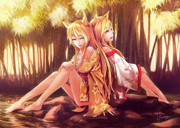 Anime, chicas, kimono, kitsune, piernas, originales, Fondo de pantalla HD |  Wallpaperbetter