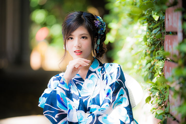frauen, model, asiatisch, betrachter, frauen im freien, kimono, haarschmuck, brünette, schärfentiefe, HD-Hintergrundbild