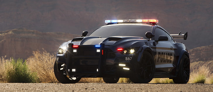 cupê cinza e preto, Ford Mustang, Transformers, Transformers 5: O Último Cavaleiro, Barricada, Carro de Polícia Ford Mustang Personalizado, HD papel de parede