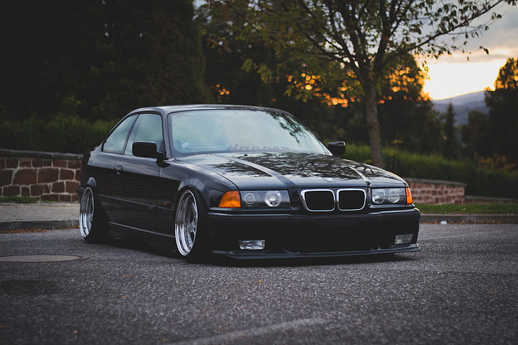 black BMW coupe, Road, BMW, oldschool, 3 series, E36, Stance, HD wallpaper