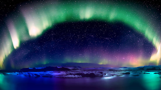 الشفق القطبي ، الشفق القطبي ، البرد ، البحيرة ، الطبيعة ، النجوم، خلفية HD HD wallpaper