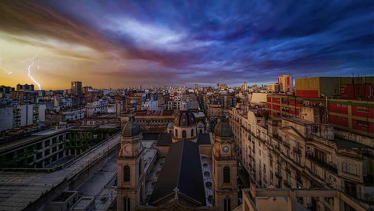 stormy sky, cityscape, storm, urban area, lightning, stormy weather, skyline, cloud, stormy clouds, dusk, horizon, buenos aires, argentina, south america, HD wallpaper