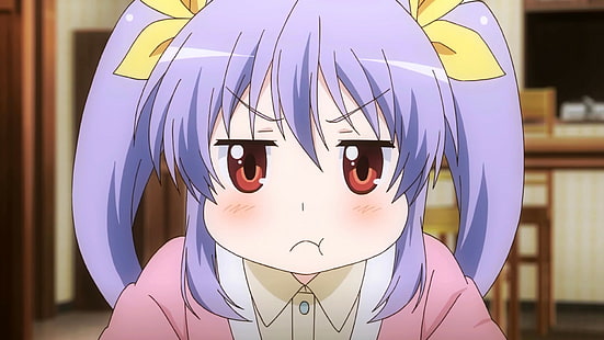 Frau Anime in rosa Top, Miyauchi Renge, Non Non Biyori, rote Augen, lila Haare, HD-Hintergrundbild HD wallpaper