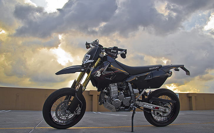 Suzuki DRZ-400SM, black suzuki dirt motorcycle, fast, speed, power, HD wallpaper