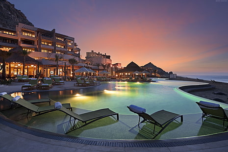 Hotel, vacation, travel, sunbed, booking, Resort, Cabo San Lucas, sunset, light, pool, Mexico, sunrise, HD wallpaper HD wallpaper