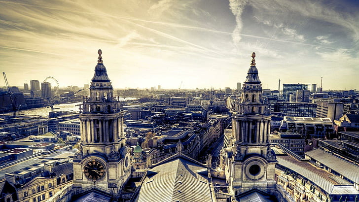 Panorama Of London Hdr, panorama, diabelski młyn, rzeka, miasto, przyroda i krajobrazy, Tapety HD