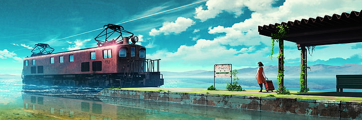 железнодорожный вокзал, аниме девушка, живописный, небо, облака, чемодан, аниме, HD обои