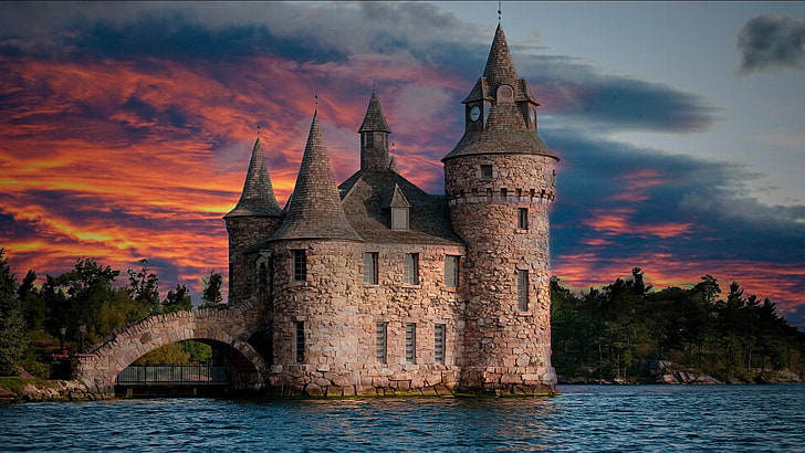 castello marrone sfondo digitale, senza titolo, castello, tramonto, torre, acqua, alberi, antico, Sfondo HD