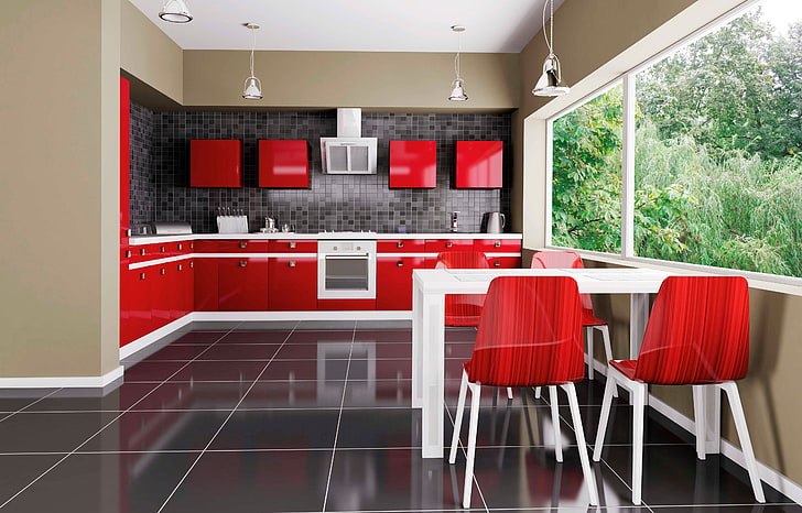 four red and white chairs, design, style, room, interior, kitchen, HD wallpaper