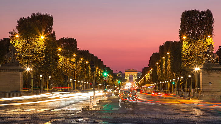Памятники, Триумфальная арка, Елисейские поля, Памятник, Ночь, Париж, Замедленная съемка, HD обои