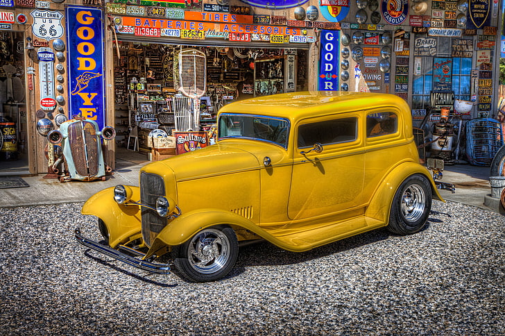 retro, Ford, dressing, car, classic, gas station, service, HD wallpaper