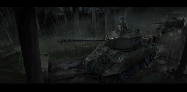 anime, anime girls, Girls und Panzer, M4 Sherman Fury, tank, rain, forest, Wallpaper HD HD wallpaper