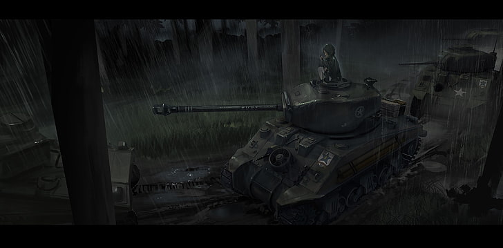 tank, M4 Sherman Fury, forest, anime girls, anime, rain, Girls und Panzer, HD wallpaper