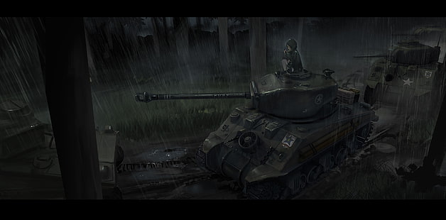 Tank, M4 Sherman Fury, orman, anime kızlar, anime, yağmur, Kızlar ve Panzer, HD masaüstü duvar kağıdı HD wallpaper
