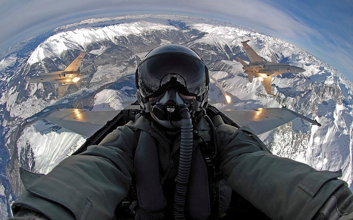aircraft pilot, pilot, mountains, airplane, cockpit, jet fighter, HD wallpaper