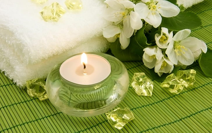 candle, flower, green, jasmine, lovely-candle-and-jasmine-download-beautiful-hd-, white, HD wallpaper