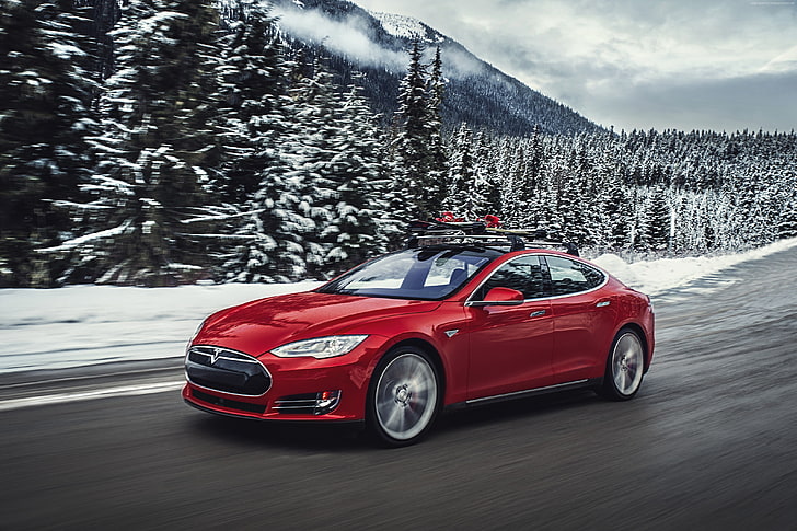 mobil listrik, Tesla model S P85D, Mobil Listrik tercepat, mobil sport, suv, merah, Wallpaper HD