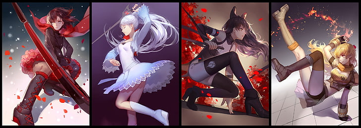 four female anime characters collage, RWBY, Ruby Rose (character), Weiss Schnee, Yang Xiao Long, Blake Belladonna, collage, fantasy girl, anime girls, HD wallpaper