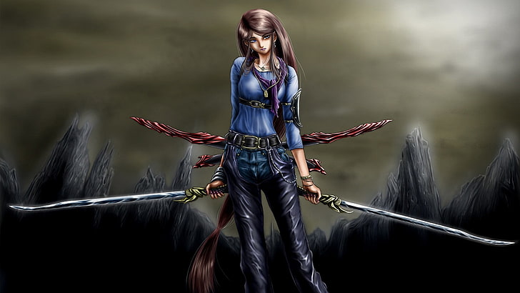 woman holding two swords digital wallpaper, artwork, fantasy art, HD wallpaper