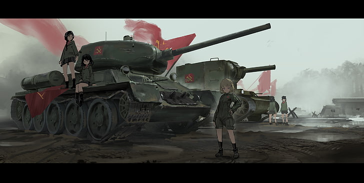 аниме, аниме девушки, Girls und Panzer, танк, Т-34-85, КВ-2, HD обои