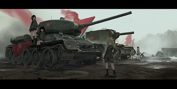 아니메, 아니메 girls, Girls und Panzer, tank, T-34-85, KV-2, HD 배경 화면 HD wallpaper