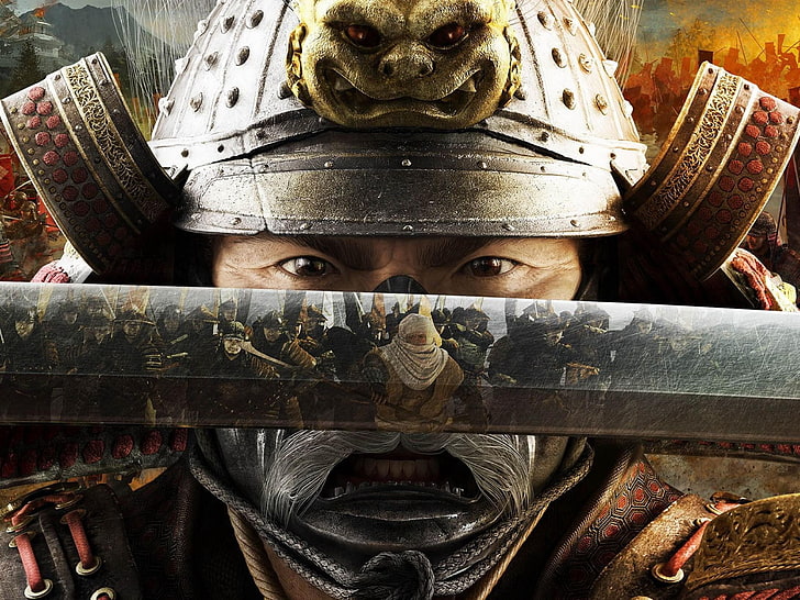 gray ancient steel armour, warrior, samurai, Total War: Shogun 2, video games, sword, reflection, HD wallpaper