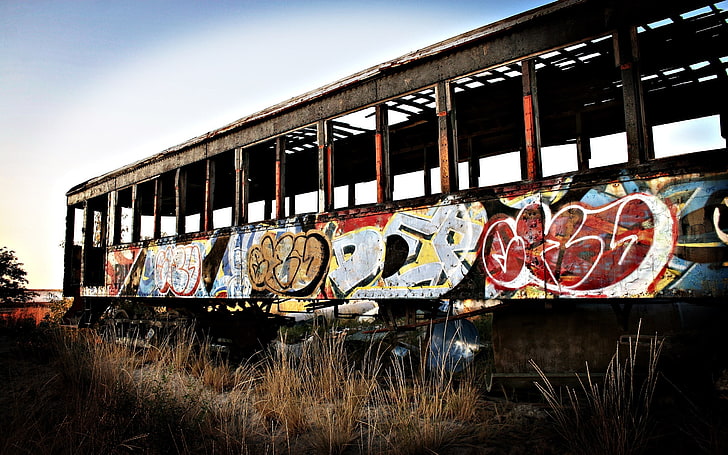 multicolored bus, graffiti, the car, abandoned, tram, HD wallpaper