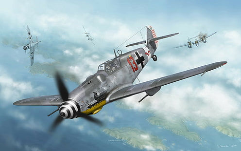 Messerschmitt, Messerschmitt Bf-109, Luftwaffe, grafika, samoloty wojskowe, II wojna światowa, Niemcy, Tapety HD HD wallpaper