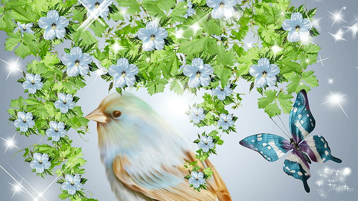 Blue Is Blue, persona do firefox, estrelas, árvore de florescência, pássaro, borboleta, brilho, flores, 3d e abstrato, HD papel de parede