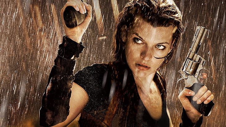 Milla Jovovich, senjata, film, wanita, Resident Evil, gadis-gadis dengan senjata, Wallpaper HD