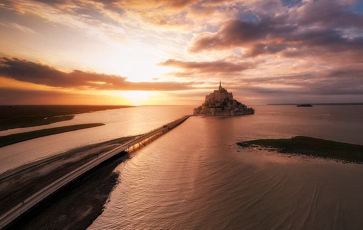 landscape, sunset, Mont Saint Michel, HD wallpaper