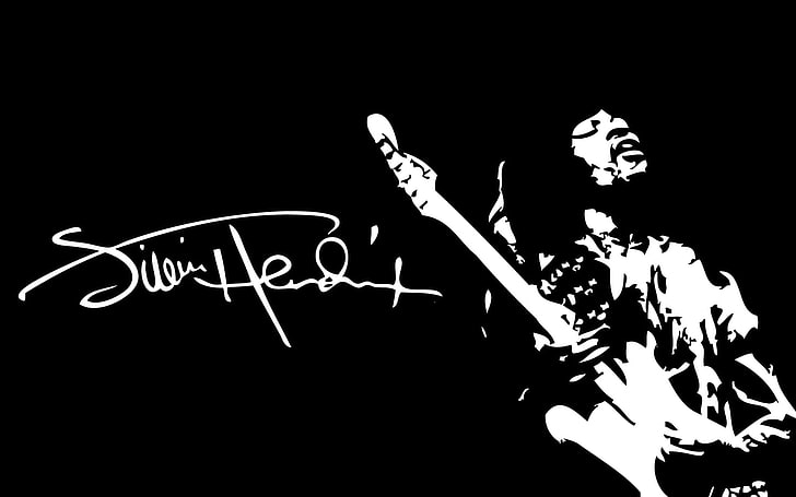 Jimmy Hendrix stencilillustration, män, sångare, Jimi Hendrix, gitarr, bluesrock, legender, Afro, minimalism, konstverk, svartvit, signaturer, vit, svart bakgrund, spelande, musiker, HD tapet