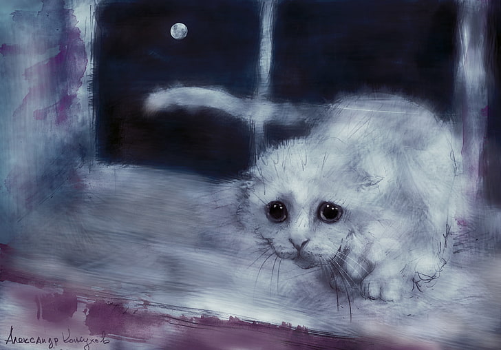 sketsa kucing abu-abu, kucing, lihat, bulan, gambar, jendela, seni, putih, ambang, Alexander Kozhukhov, Wallpaper HD