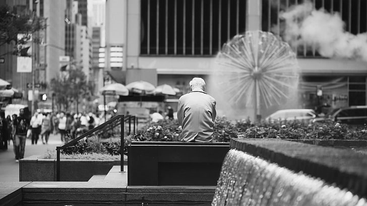 rockefeller center, monochrome photography, photograph, black and white, monochrome, city, street, fountain, nyc, united states, new york city, square, HD wallpaper