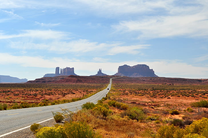 structural shot of road between brown field during daytime, movie, structural, shot, road, brown field, daytime, RTW, USA, Utah, Monument Valley, monument Valley Tribal Park, desert, arizona, mesa, navajo, butte - Rocky Outcrop, mesa - Arizona, landscape, north American Tribal Culture, southwest USA, wild West, famous Place, scenics, colorado Plateau, nature, outdoors, travel, sky, HD wallpaper