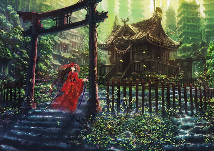 torii, Honden, gadis anime, anime, Cityscape, seni fantasi, Wallpaper HD