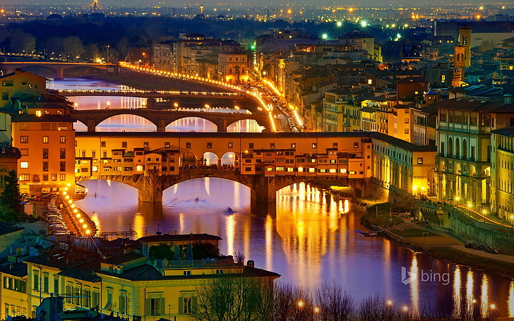 кафяв бетонен мост, град, Флоренция, Италия, мост, река, светлини, градски пейзаж, HD тапет