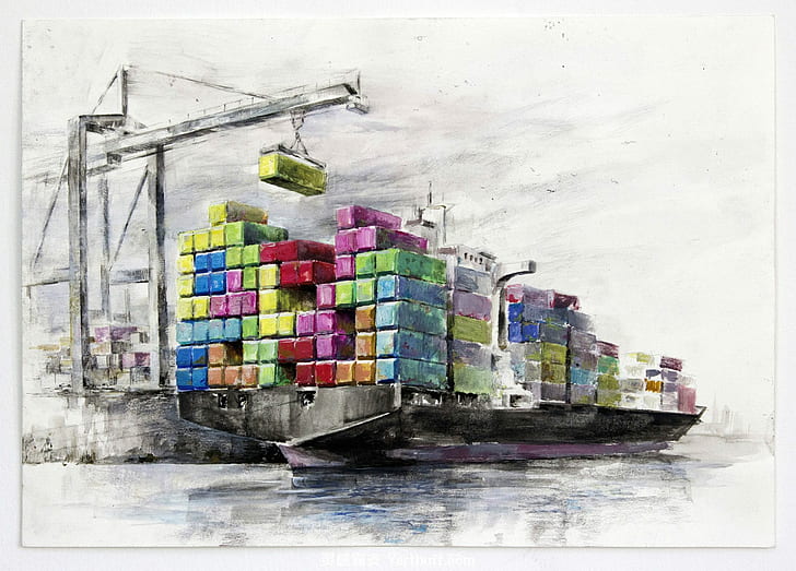 digital art, ship, sea, Tetris, bricks, dock, cranes (machine), 3D, colorful, loading, HD wallpaper