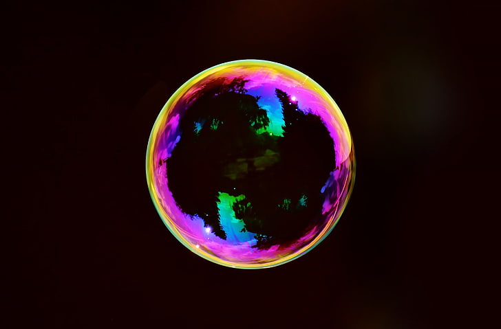 Радужный мыльный пузырь, Aero, Макро, Черный, Цвета, Радужный, Пузырь, Крупным планом, Отраженный, Мыльный пузырь, Intheair, HD обои