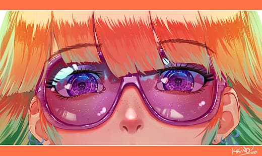 аниме, аниме девушки, Hololive, очки, фиолетовые глаза, рыжая, веснушки, Таканаши Киара, HD обои HD wallpaper